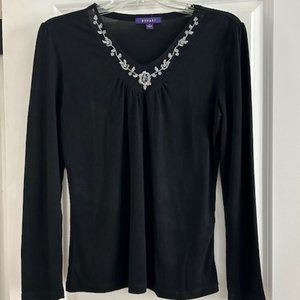 Bogari Long Sleeve V-Neck Tee with Silver Embroidery